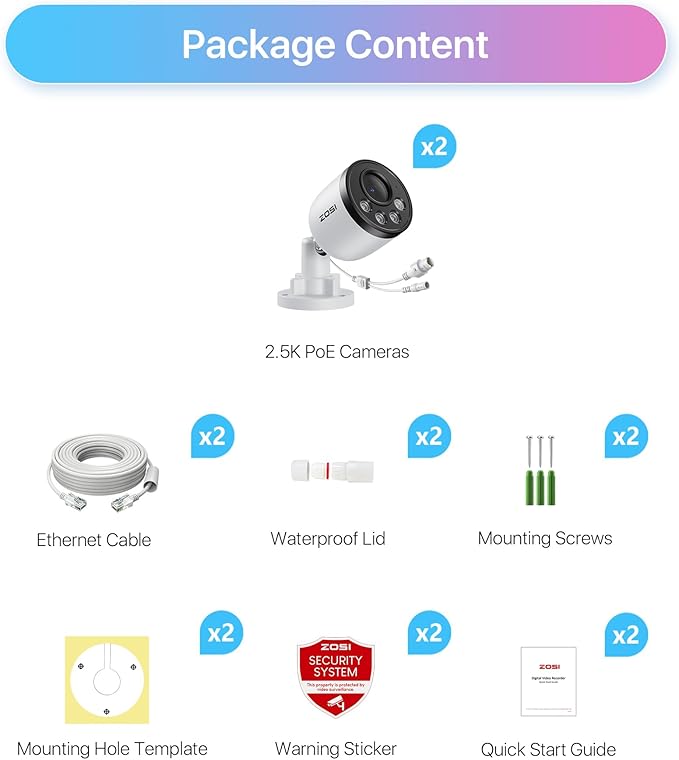 ZOSI 2PK 4MP Add-on Camera with Ethernet Cables,Outdoor PoE Security Camera with Audio,Night Vision,Smart Human Detection,IP66 Weatherproof,Remote Access,Only Work PoE NVR System