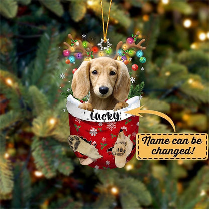 Cream LNG Haired Dachshund Dog Christmas Ornament, Cream LNG Haired Dachshund in Snow Pocket Christmas Tree Ornament, Dog Lovers Gift Idea Xmas Decor, Christmas Decorations for Tree
