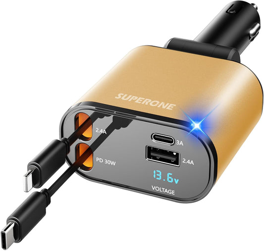 【Upgraded】 SUPERONE Retractable Car Charger 4 in 1, Fast Car Phone Charger with Cord 2.6ft, USB C and Apple Car Charger Adapter, Compatible with iPhone 15/15 Pro Max/14/13/12/11, Galaxy, Pixel