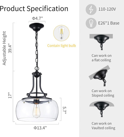 WUZUPS Chandelier Rustic Farmhouse Industrial Round Ceiling Pendant LED Light Fixture with Clear Glass Shades for Dining Room Kitchen Island Foyer Entryway, H 17" x W 13.4", E26 Base, Black