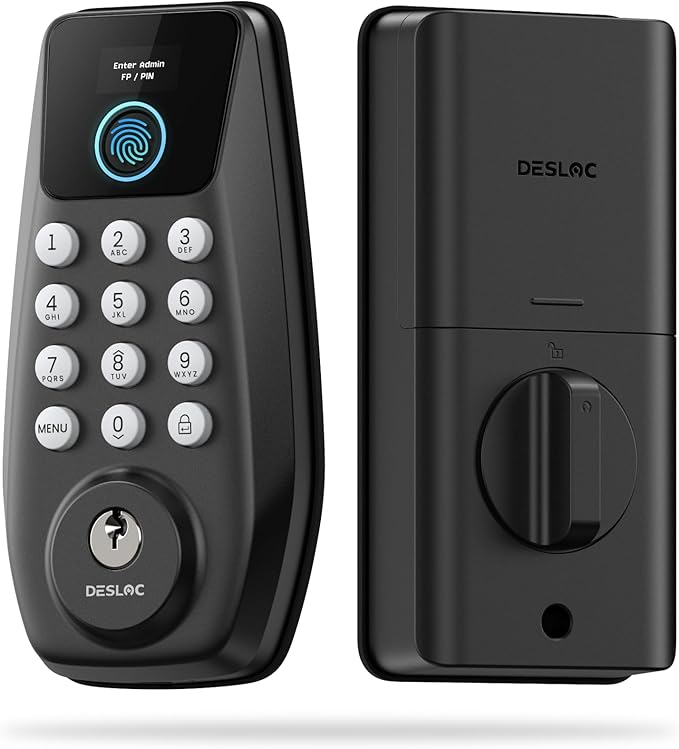 DESLOC C110 Keyless Entry Door Lock with Fingerprint - Smart Deadbolt Lock for Front Door with 2 Keys - Auto Lock - Easy Installation, 100 PIN Codes, IP54 Waterproof, BHMA Grade 3, Black