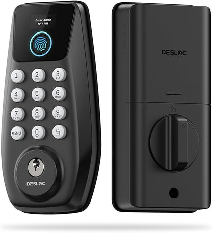 DESLOC C110 Keyless Entry Door Lock with Fingerprint - Smart Deadbolt Lock for Front Door with 2 Keys - Auto Lock - Easy Installation, 100 PIN Codes, IP54 Waterproof, BHMA Grade 3, Black