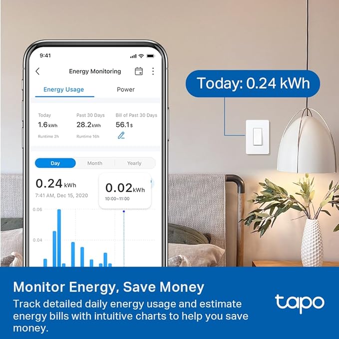 TP-Link Tapo Smart Switch, Single-Pole/3-Way/4-Way, Matter Compatible, Energy Monitoring, Neutral Wire Required, Works with Alexa, Siri, Google Home, SmartThings, UL Certified, 2.4GHZ Wi-Fi, Tapo S515
