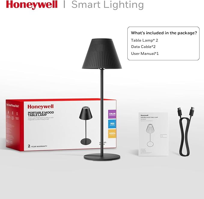 Honeywell 2Pack Cordless Table Lamp Rechargeable - M1 Sunturalux Portable LED Desk Lamp 5200mAh Battery Operated 4Color 9RGB Dimmable Bedside Lamps for Home Living Bedroom Restaurant Night Light