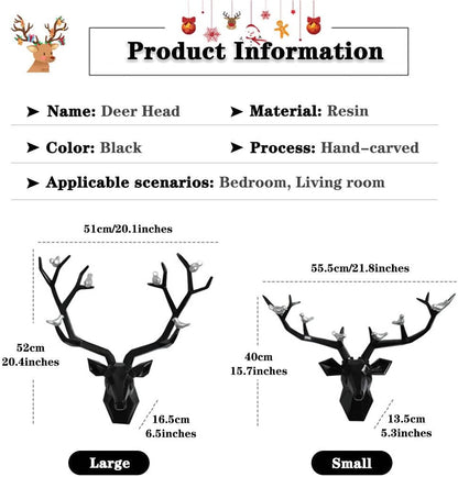 Deer Head Wall Decor Geometric Rustic Wall Mounted Deer Head, Faux Taxidermy Animal Head Wall Art Pendant, Handmade Resin Head Sculptures for Porch, Detachable Antlers, 6 Styles(Black,21.8x15.7IN)