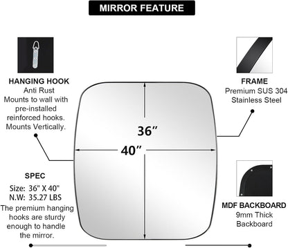 ANDY STAR Chrome Oblong Mirror, 36x40 Inch Polished Chrome Oval Mirror for Bathroom with Stainless Steel Metal Frame, Wall Mouned for Bathroom, Living Room, Entryway