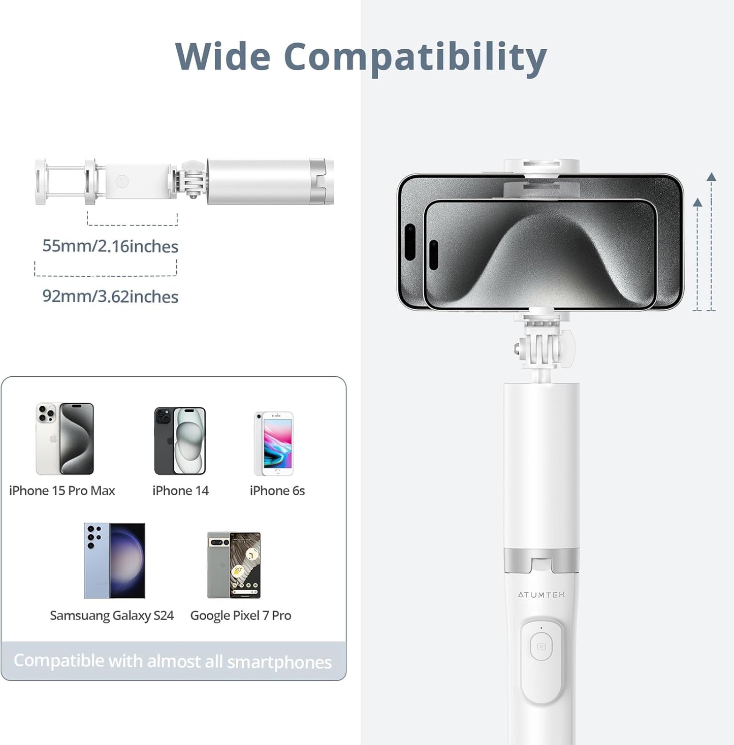 ATUMTEK 63" Phone Tripod, Extendable Selfie Stick Tripod with Bluetooth Remote, All-in-One Aluminum with Cold Shoe Mount for GoPro, 4"-7" iPhone and Android Smartphones, White