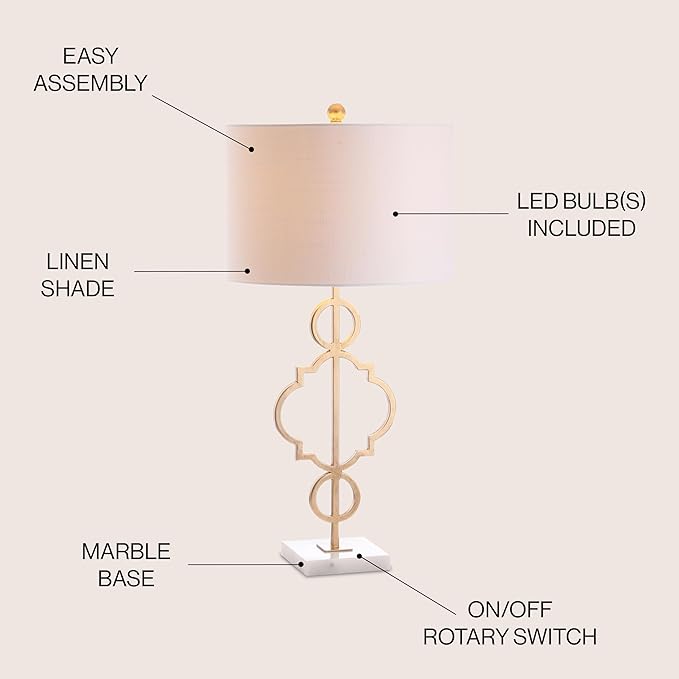 JONATHAN Y 31" Gold Modern Quatrefoil LED Table Lamp, Contemporary Metal Iron Lamp with White Marble Base and Linen Drum Shade for Living Room Bedroom, LED Bulb Included JYL3026A