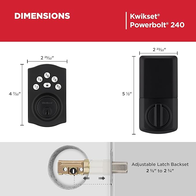 Kwikset Powerbolt 240 5-Button Keypad Matte Black Traditional Electronic Deadbolt Door Lock, Featuring Convenient Keyless Entry, Customizable User Codes and Auto-Locking