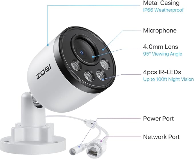 ZOSI 2PK 4MP Add-on Camera with Ethernet Cables,Outdoor PoE Security Camera with Audio,Night Vision,Smart Human Detection,IP66 Weatherproof,Remote Access,Only Work PoE NVR System