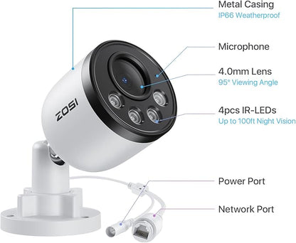 ZOSI 2PK 4MP Add-on Camera with Ethernet Cables,Outdoor PoE Security Camera with Audio,Night Vision,Smart Human Detection,IP66 Weatherproof,Remote Access,Only Work PoE NVR System