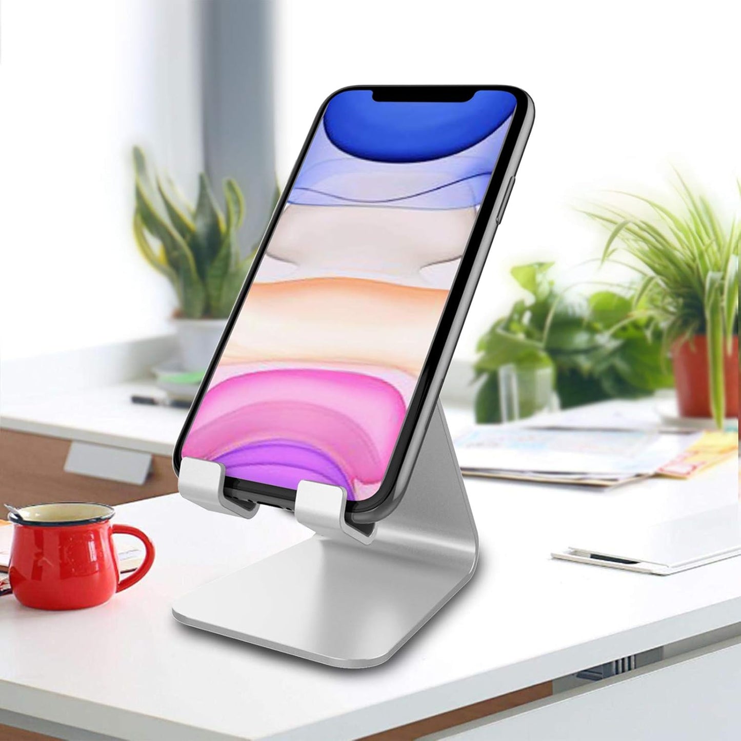CreaDream Cell Phone Stand, Cradle, Holder,Aluminum Desktop Stand Compatible with Switch, All Smart Phone, iPhone 11 Pro Xs Max Xr X Se 8 7 6 6s Plus SE 5 5s-Silver