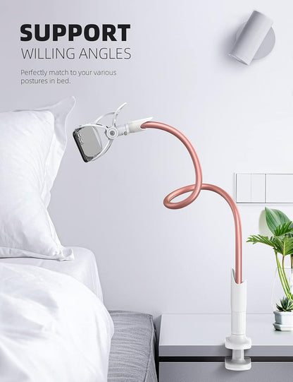 Lamicall Phone Holder Bed Gooseneck Mount - Cell Phone Clamp Clip for Desk, Flexible Lazy Long Arm Headboard Bedside, Overhead Mount Stand, for 4-7" Phone, iPhone 15 Pro Max, 14 Plus, 13, Rose Gold