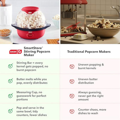 Dash SmartStore Stirring Popcorn Maker - Hot Oil Electric Popcorn Popper with Butter-Warming Tray, Clear Serving Bowl & Measuring Cup - 12 Cups, Red