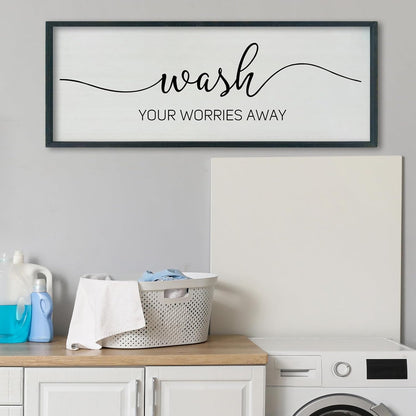 SRSZHIYUE Wash Your Worries Away Bathroom Sign Wall Art 40"x15" Funny Restroom Toilet Large Wood Framed Hanging Decor (Black)