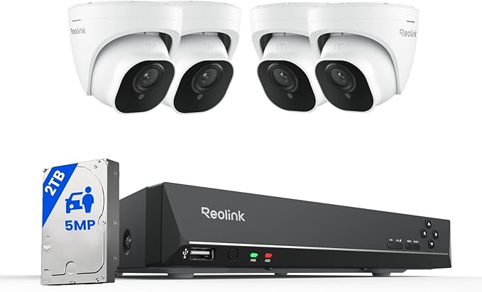 REOLINK 5MP 8CH PoE Security Camera System with 4 Cameras RLK8-520D4, 2TB HDD & 4+1 Port PoE Switch, Smart Detection, Night Vision, Plug & Play Surveillance Kit