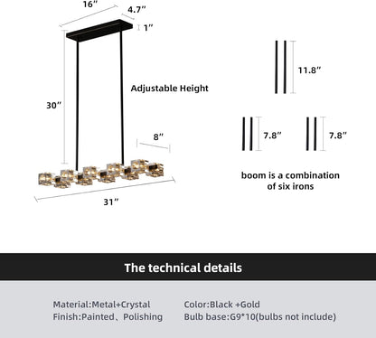Dining Room Light Fixture,Modern Crystal Chandeleirs Semi Flush Mount Ceiling Light Fixture,Black Metal Crystal Pendant Light for Kitchen Island Farmhouse Dining Room,Living Room (10-Lights)