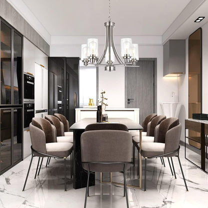 BONLICHT Traditional Chandelier Lighting 5 Light Brushed Nickel Modern Light Fixtures Hanging Pendant Lighting with Clear Glass Shade Classic Ceiling Lights for Kitchen Dining Room Living Room Island
