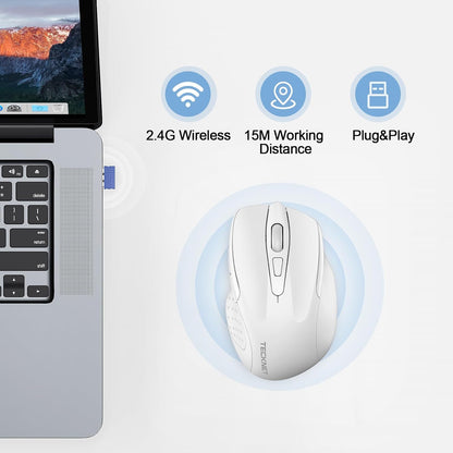 TECKNET Rechargeable Wireless Mouse, 2.4G Silent Mouse, Quiet Click, 6 Adjustable 4800 DPI, Cordless Computer Mouse, Ergonomic Mouse for Laptop, 6 Buttons USB Mouse for Chromebook, Ergo Grip - White
