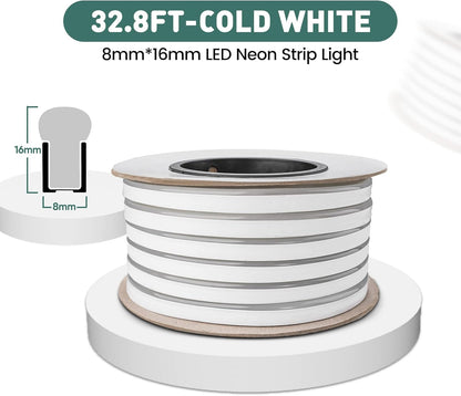 GZBtech Flexible LED Neon Rope Lights 33FT,AC 110-120V Waterproof Strip Light, 120 LEDs/M Cuttable Connectable Neon Lighting for Indoor Outdoor Home Decor/Commercial Building Use-Cold White 10M