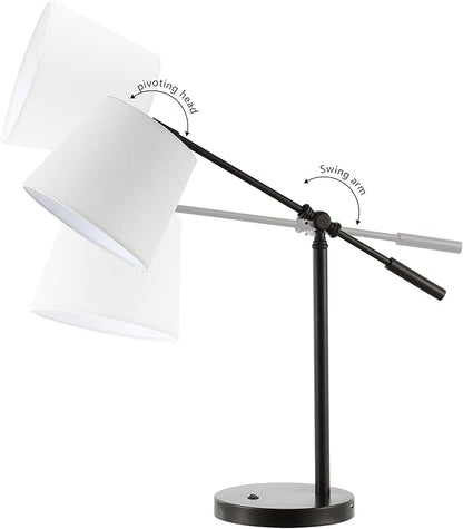 JONATHAN Y 24" Oil Rubbed Bronze 1-Light Iron LED Task Lamp with USB Port, Classic Vintage Industrial Table Lamp with Adjustable Head and Linen Shade, LED Bulb Included JYL1129A