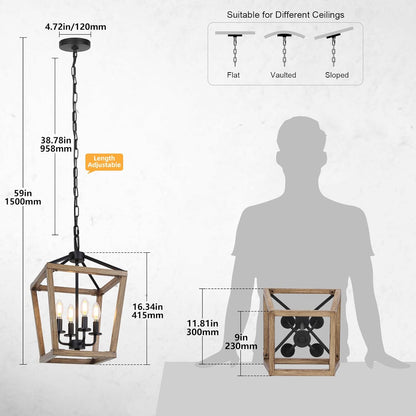 4 Light Farmhouse Chandelier, Rustic Ceiling Light Lantern Light Fixture with Wood Painted Metal Cage and Adjustable Chain, E12 Base Geometric Hanging Light Fixture for Entryway, Kitchen, Indoor