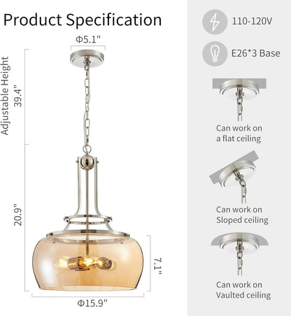 WUZUPS Nickel Chandelier Rustic Farmhouse Industrial Round Ceiling Pendant LED Light Fixture with Amber Glass Shade for Dining Room Kitchen Island Foyer Entryway, H 20.9" W 15.9", E26 Base