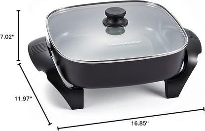Elite Gourmet 12" x 12" x 3" Ceralast™ PFAS Free Ceramic Electric Skillet, Dishwasher Safe, Xtra Deep Dish, Rapid Heat 1200W, Black