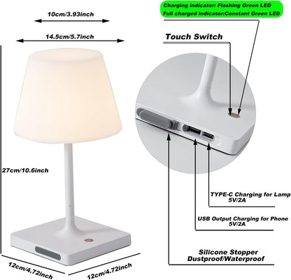 Cordless Table lamp, Outdoor Battery Operated Rechargeable Desk lamp,Waterproof Shower Lamp,4000mAh LED 3 Colors Small Wireless lamp for Kitchen Counter -White