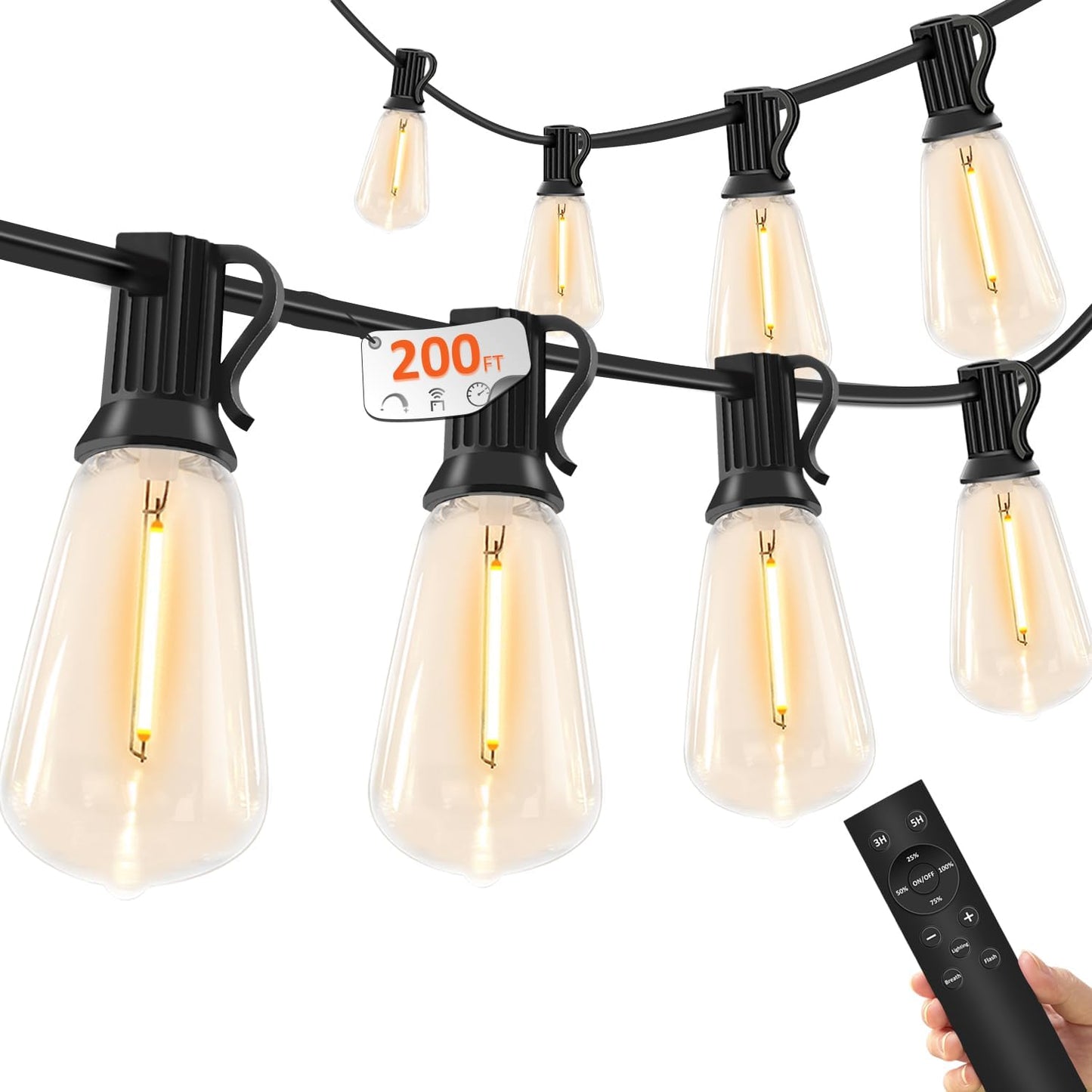 200FT Outdoor Lights for Patio – Dimmable String Lights for Outside with Remote – LED Hanging Lihgts Waterproof Shatterproof ST38 Edison Bulbs for Backyard Cafe Bistro Porch Christmas Party