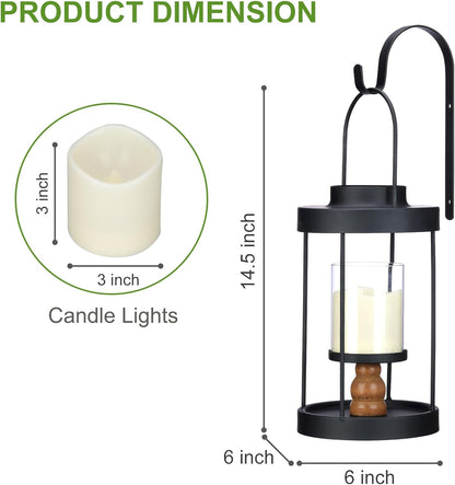 Metal Wall Sconce Candle Lantern Set of 2 - Black Wall Mounted Wood and Metal Hanging Holder with Glass & Candles Vintage Wall Decor for Porch, Living Room, Dining Room, Bedroom Indoor Decor