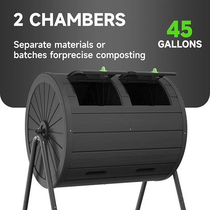 Dual Chamber Tumbling Composter 45 Gallon Large Outdoor Tumbling Composter Efficient Batch Composting Easy Turn Design (Black 45Gal)