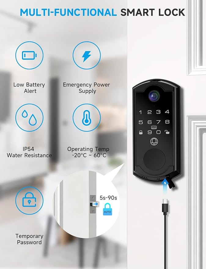 Smart Door Lock with Camera, Fingerprint Keypad Deadbolt, APP Remote Control, Video Doorbell with 2-Way Audio, Auto Lock, Keyless Entry Electronic Smairt Lock for Front Door, Black