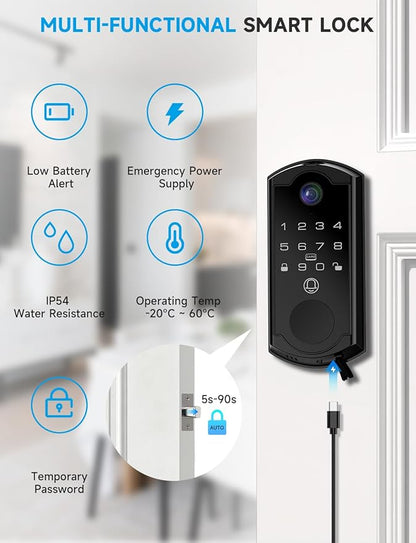 Smart Door Lock with Camera, Fingerprint Keypad Deadbolt, APP Remote Control, Video Doorbell with 2-Way Audio, Auto Lock, Keyless Entry Electronic Smairt Lock for Front Door, Black