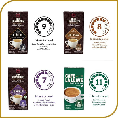 Don Francisco's and Cafe La Llave Espresso Capsule Variety Pack - 50 Recyclable Aluminum Pods Compatible with Nespresso Original Line Machines - Premium Coffee with 4 Flavors and Intensities
