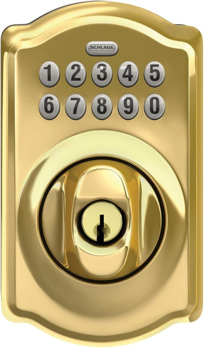Schlage BE365 CAM 505 Camelot Keypad Deadbolt, Electronic Keyless Entry Lock, Bright Brass