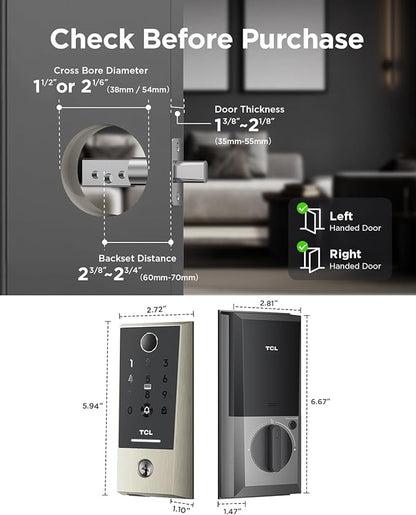 TCL Smart Lock D2 Plus, Fingerprint Door Lock with Keyless Entry Security Electronic Deadbolt for Front Door, Built-in Doorbell, Compatible with Alexa, Auto Lock, Easy Install