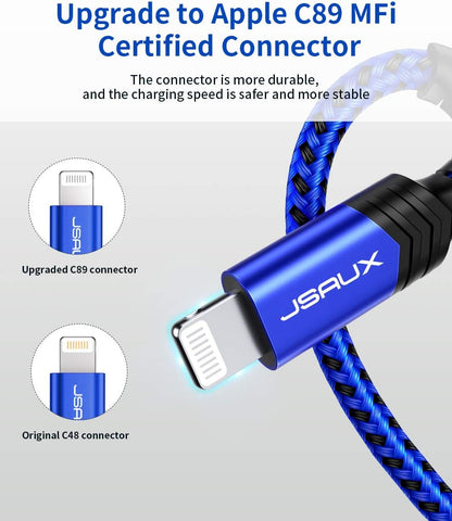 JSAUX Apple MFi Certified Lightning Cable 6ft, iPhone Charger Cable Nylon Braided Heavy Duty, Upgraded C89 USB Lightning Cord for iPhone 11 Xs Max X XR 8 7 6s 6 Plus SE 5 5s, iPad, iPod-Blue