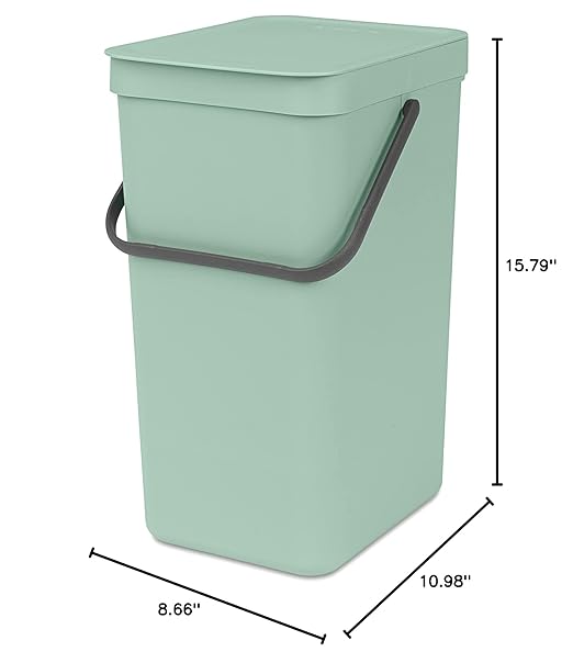 Brabantia Sort & Go Kitchen Recycling Bin | S / 4.2 Gal / 16L | Jade Green | Removable Stay-Open Lid, Carry Handle | Trash Can for Bottles, Cans, Paper, Glass | Wall-Mounting Bracket Included