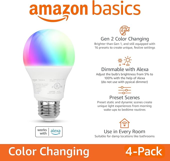 Amazon Basics Smart A19 LED Light Bulb, Color Changing, 9W (60W Equivalent), 800LM, Works with Alexa Only, 2.4 GHz Wi-Fi, No Hub Required, Energy Saving, 4-Pack