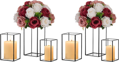 Hewory Glass Hurricane Candle Holder Set of 6, Black Large Hurricane Centerpiece for Table, Tall Floor Square Pillar Candle Holders Lantern Set for Wedding, Anniversary, Party, Fireplace, Dining Room