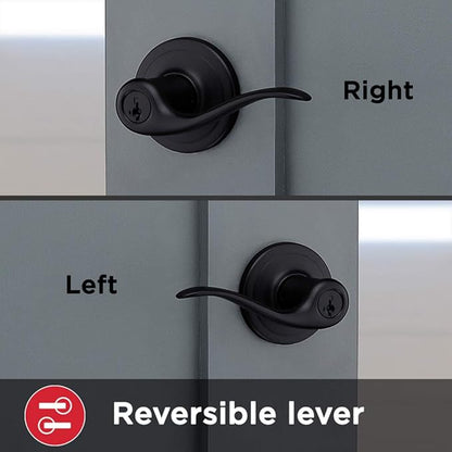 Kwikset Tustin Entry Door Handle with Lock and Key, Secure Keyed Reversible Lever Exterior, For Front Entrance and Bedrooms, Matte Black, Pick Resistant Smartkey Rekey Security and Microban