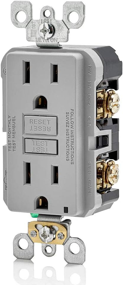 Leviton Outlet, 15 Amp, Self Test, Non Tamper-Resistant with LED Indicator Light, GFNT1-GY, Gray