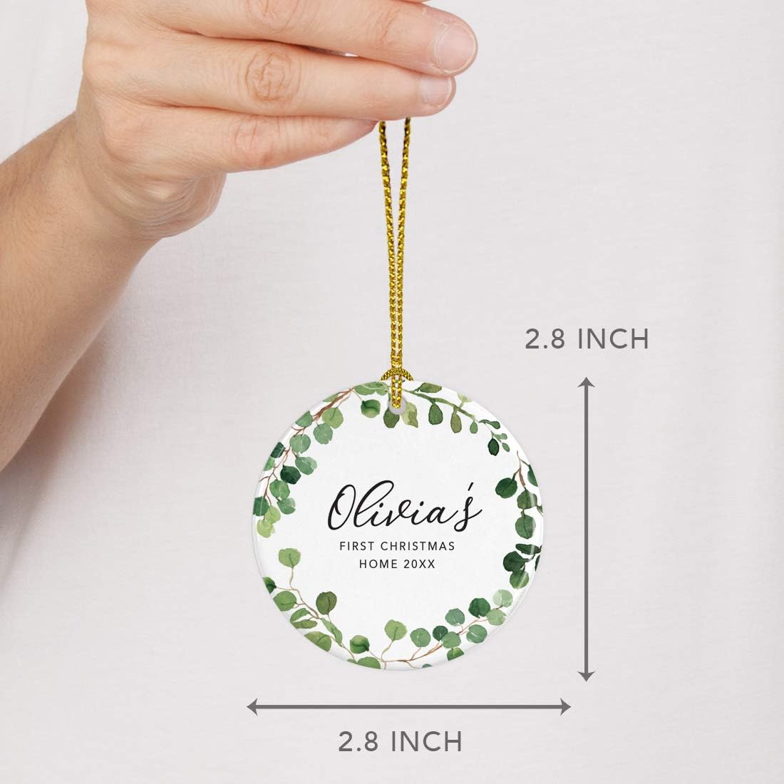 Andaz Press Personalized Round Ceramic Porcelain Christmas Tree Ornament Keepsake Collectible New Baby Gift, Olivia's First Christmas Home 2025, Farmhouse Eucalyptus Wreath, 1-Packs