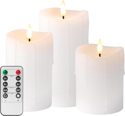 White Flameless Candles with Remote and Timer, Real Wax Made Wax Drip LED Pillar Candles Battery Operated with 3D Flickering Flame Melted Top - 3" x 4", 3" x 5", 3" x 6" - Set of 3
