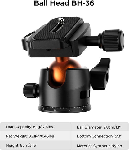K&F Concept 64 inch/163cm Camera Tripod,Lightweight Travel Outdoor DSLR Tripods with 360 Degree Ball Head Load Capacity 8kg/17.6lbs,Cellphone Clip for Smartphone Live Streaming Vlog O234A1+BH-36