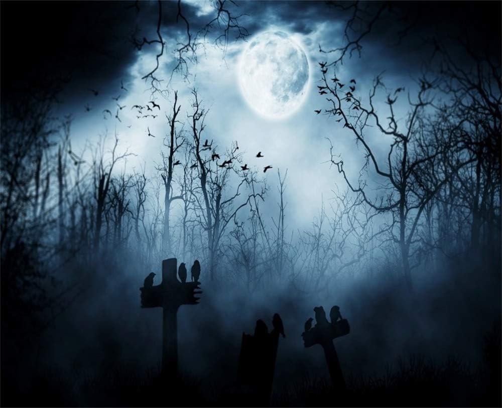 AOFOTO 8x6.5ft Moon Night Halloween Cemetery Photography Backdrop Flying Bats Birds Stand on Gravestone Cross Graveyard in Dark Forest Photo Background Cloth Vinyl Wallpaper Photo Studio Props Vinyl