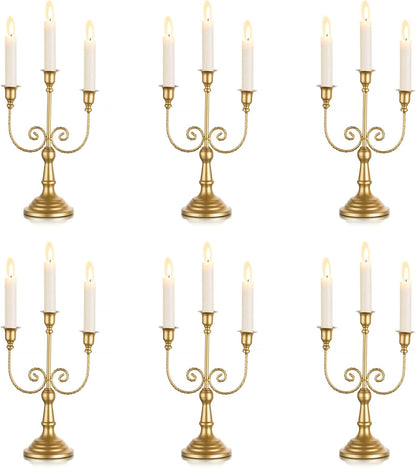 Sziqiqi Gold Taper Candle Holder for Centerpiece - 3-arm Candlesticks Holder for Wedding Table Centerpieces Metal Candle Stick Holders for Fireplace Mantle Set of 6