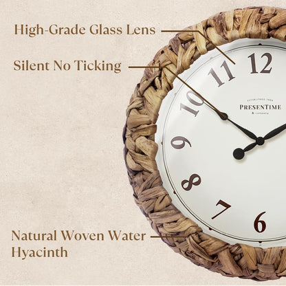 Presentime & Co. Farmhouse Series, Rustic Woven Clock, 12.6 inch, Natural Woven Water Hyacinth/Sea Grass. Wall Sculpture, Wall Art and Timepiece for Home Decoration/Decoration/Farmhouse Décor