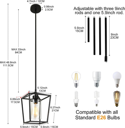 3 Pack Black Pendant Lights for Kitchen Island, 1-Light Farmhouse Metal Pendant Light Cage Kitchen Hanging Light Fixtures with Clear Glass Shade for Dining Room, Entryway, Hallway, Foyer